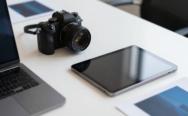 A clean, minimalist photography close-up of a designer's desk in a North American / US creative agency. Features a professional camera, a high-end tablet, and high-quality design samples. Lighting is bright and airy, focused on white and black tones with professional blue highlights.