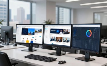 Professional photography of a high-tech digital marketing workspace in a North American / US city. Multiple monitors show clean data visualizations and innovative creative campaign layouts. The lighting is crisp and modern, emphasizing a white and dark grey color scheme with deep blue tones.