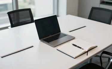 High-angle photography shot of a sleek, modern North American / US conference room table with a high-end laptop and minimalist notebooks. The color palette features white and black with subtle blue accents. Soft, professional daylight streaming from large windows creates a clean, leadership-focused environment.