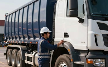 Close-up photography of a heavy transport truck being inspected by a professional in a South American industrial logistical center, sunlight reflecting on the metal, professional and reliable mood, dark navy and white colors.