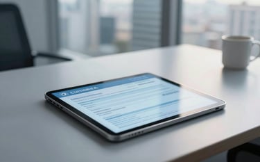 A clean, modern professional office desk in a South American city with a digital tablet showing vehicle registration forms, soft morning light, featuring slate blue and ice blue tones in the background, high reliability vibe.
