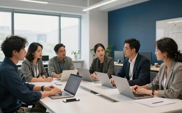 A collaborative marketing team meeting in a high-tech North American / US co-working space. The scene features clean white walls and midnight blue accents, with natural light pouring through large windows. The mood is authoritative and results-oriented, focusing on high-level group discussion.