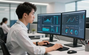 A focused professional in a modern North American / US office environment, analyzing digital data on a dual-monitor setup. The lighting is bright and professional, incorporating a sophisticated color palette of white and slate blue. The composition is a sharp medium-shot reflecting expertise and innovation.