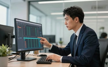 A focused IT professional in a modern office with glass walls, analyzing complex data on a sleek monitor. The scene is lit with clean Arctic White light and features subtle Deep Navy and Muted Sage accents in the decor. Professional, high-end photography style.