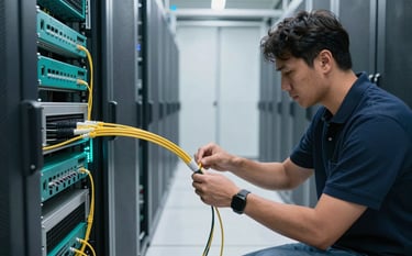 An engineer expertly handling high-speed fiber optic cables in a pristine, state-of-the-art server room. The composition is clean and technical, featuring the Forest Teal brand color in the equipment lighting and Arctic White floor reflections.