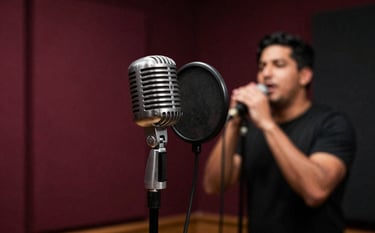 A moody photograph of a vintage silver microphone on a stand inside a dark vocal booth. The background is a deep maroon wall with subtle grunge concrete textures. A Hispanic / Latin American singer is blurred in the background, capturing a raw performance vibe.