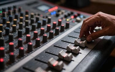 A close-up photograph of a professional mixing console in a dark recording studio. The lighting is moody with blood red glow on the faders. A Hispanic / Latin American audio engineer's hand is subtly adjusting a silver knob. Grunge texture and shallow depth of field.