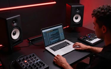 An artistic overhead shot of a music production desk with studio monitors and a silver laptop. A Hispanic / Latin American producer is using a MIDI controller. The room is lit with blood red neon accents against jet black shadows, reflecting a refined but edgy creative space.