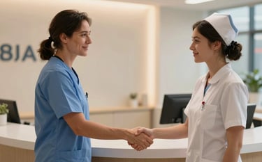 A professional handshake between a healthcare manager and a nurse in a modern London clinic reception area. The lighting is warm and natural, conveying trust and efficiency. British English / UK.
