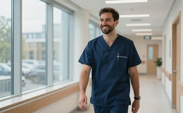 A professional healthcare worker in dark blue scrubs smiling warmly while walking through a bright, clean hospital corridor in London. Large windows provide soft natural light. The environment is modern and reassuring. British English / UK.
