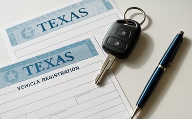 A close-up, high-angle shot of official Texas vehicle registration documents and a set of keys on a clean white desk. Beside the documents is a premium deep navy blue pen. The lighting is bright and natural, creating a professional and trustworthy atmosphere.
