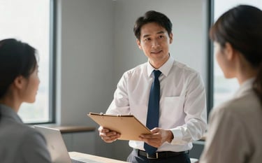 A professional interaction in a clean, modern Texas office. A consultant in a white shirt and navy blue tie is handing a folder to a client. The background features soft steel gray walls and a large window with soft sunlight. Minimalist and premium style.