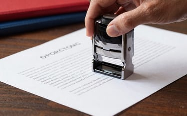 A close-up shot of a hand using a professional metal notary stamp on a legal document. The document has clean typography and is resting on a dark wood surface. Hints of red and navy blue appear in the background through office stationery.