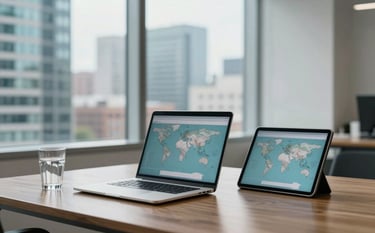 A high-end, bright office interior in North America. A professional workspace featuring a sleek laptop, a tablet showing a global map, and a glass of water on a polished wooden desk. The background is a soft-focus view of a modern metropolitan business district through large windows, bathed in natural daylight with a color palette of teal and soft greys.