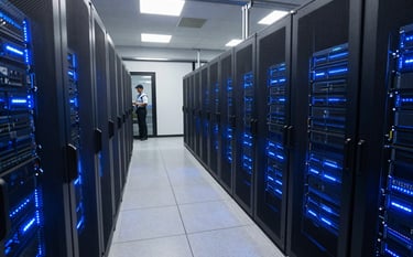 A wide angle shot of a clean, high-tech North American data center with glowing blue server racks. A professional technician is visible in the distance, emphasizing a secure and reliable technological environment.