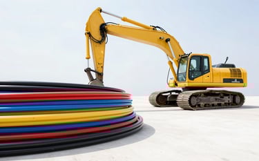 Wide-angle photograph of a Central European infrastructure site, featuring a yellow Goldmann excavator and neatly stacked colorful conduits for glass fiber cables, clean white space in the composition, bright and professional atmosphere.