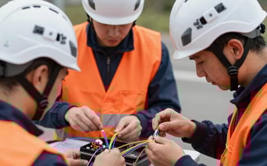 Close-up of two technicians in a Central European setting wearing white helmets and orange safety vests, meticulously working with colorful fiber optic cables and a splice closure at a professional outdoor workstation, natural daylight, high-quality technical photography.