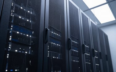 A low-angle, cinematic shot of a modern server room aisle. Sleek Deep Obsidian Black server racks lined with tiny, glowing Mist White and Midnight Navy indicators, creating a sense of massive scale and innovative reliability.