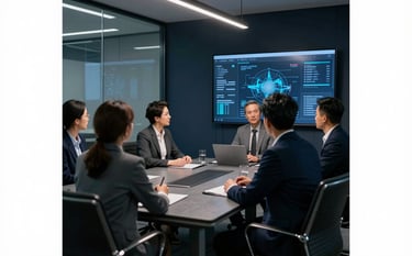 A sophisticated corporate boardroom scene where a Slate Grey digital interface is being examined by professionals in a high-tech, Midnight Navy environment with glass and steel details.