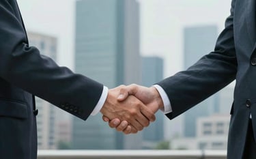 A handshake between two professionals in business attire, symbolizing trust and agreement. The shot is medium-close, showing the firm grasp in front of a modern skyline. Professional color grading with brand teal and grey.