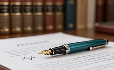 A focused close-up of a premium fountain pen resting on a signed legal document. The background features blurred bookshelves with leather-bound law books. Lighting is sharp yet warm. Colors include deep teal and metallic accents.