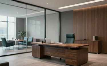 A high-end law office interior with a large oak desk and glass walls. The lighting is soft and professional, highlighting a sophisticated environment. Incorporates the brand palette with dark teal leather chairs and grey-toned architectural elements.