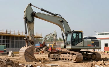 A construction site featuring an excavator and manufacturing machinery under a clear sky. The scene conveys infrastructure development and expertise. The equipment shows metallic finishes that blend with #2F3E46 and earthy sage tones of #84A98C.