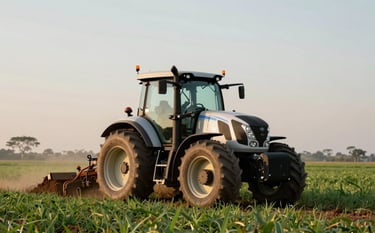 A powerful modern tractor plowing a vast agricultural field in Ethiopia during the golden hour. The composition is professional and dynamic, highlighting the machine's reliability. The sky is a soft light grey reflecting #CAD2C5, and the foliage incorporates deep greens like #52796F.