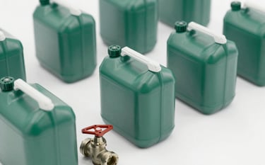 A clean, high-angle shot of various industrial-grade agricultural chemical containers and professional irrigation valves. The lighting is bright and clinical, emphasizing product quality and safety. The color palette features #84A98C and #52796F accents.