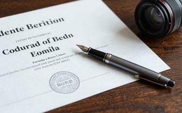 A close-up photograph of a formal certificate of achievement and a high-quality fountain pen on a polished dark wood surface. Professional lighting emphasizes the prestige of academic success in a British setting. Colors: Charcoal and pale blue.
