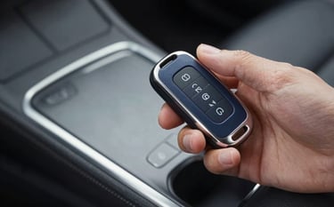 A close-up shot of a sleek automotive key fob being programmed by a high-tech digital device. The lighting is modern and clean, focusing on the precision of the equipment. Colors include deep #1A232F navy and #A98C5D metallic accents.