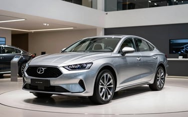 A high-end, clean car showroom in a modern Latin American city. A sleek silver sedan is the central subject, captured at eye-level with professional studio lighting. The background features minimalist architecture in white and dark gray tones, reflecting an atmosphere of trust and efficiency.