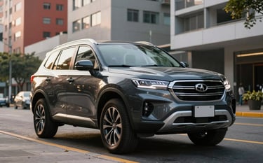 A powerful dark SUV parked on a clean, upscale urban street in a Latin American business district. The photography uses a low-angle shot during the golden hour to emphasize reliability and quality. The environment is orderly and professional with hints of red and gray in the background architecture.
