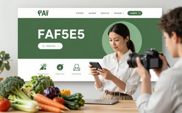 A professional digital marketer in a clean, modern studio space, holding a camera while reviewing high-quality shots of locally sourced vegetables. The aesthetic is clean and high-end, featuring a palette of #FAF5E5, #2E2E2D, and #2A5F43.