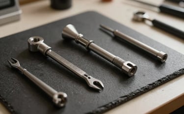 High-end watchmaking tools lying on a deep charcoal workbench, soft warm lighting highlighting metal textures, precision-milled steel, and soft off-white surfaces.