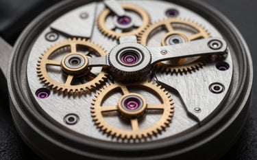 Macro photography of a complex mechanical watch movement, showing gears and rubies in polished steel and brass, soft cinematic lighting reflecting off deep black and charcoal surfaces.