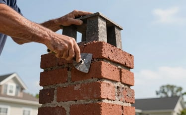 Close-up of expert masonry work being performed on a residential chimney, hands using a trowel with precision on red brick, bright clear sky, North American / US suburban home environment.