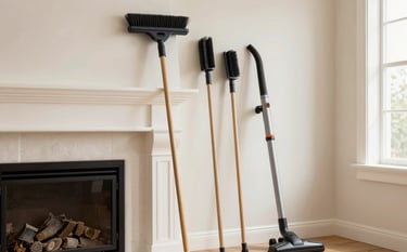 A tidy setup of professional chimney sweeping tools including specialized brushes and a HEPA-filter vacuum next to a clean fireplace hearth in a well-lit North American living room, professional and trustworthy atmosphere.