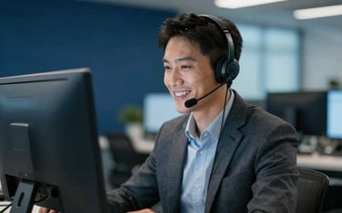 A professional person wearing a headset in a modern North American / US corporate environment, smiling while looking at a computer screen. The background is softly blurred with deep navy blue and soft cerulean blue professional decor.