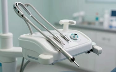 A close-up, high-end photograph of a clean, modern dental workstation. Soft morning light hits stainless steel instruments and a white dental chair. The background shows hints of #D6E0EC and #F5F8FA colors, conveying a sterile, professional, and sophisticated atmosphere.