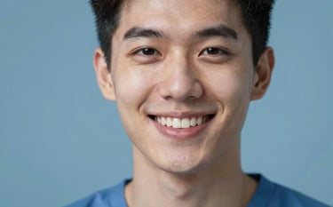 A professional portrait of a patient smiling subtly, showcasing a perfectly aligned and healthy set of teeth. The photography style is modern and clear, with soft blue tones (#2A4B6A) in the background, symbolizing trust and orthodontic excellence.