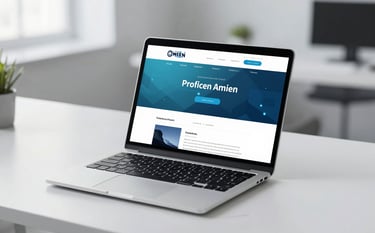 A high-end minimalist office desk with a silver laptop displaying a clean, professional website design. The lighting is soft and cold with blue glow accents (#5E8BA8). The atmosphere is professional, sophisticated, and technologically advanced.