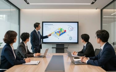 A group of professionals in a modern meeting room with glass walls, discussing technical architecture on a screen. The room is bright with soft off-white lighting and deep navy accents.