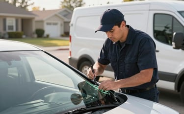 A professional mobile technician wearing a dark navy uniform and a branded cap is working on a windshield chip in a sunny North American residential driveway. A clean white service van is parked nearby. Soft morning light, professional photography.