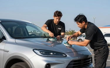 Two professional technicians in a North American parking lot are carefully installing a new windshield onto a modern silver SUV using suction glass lifters. The lighting is crisp and clear, emphasizing safety and precision. Steel blue sky background.