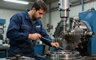 A skilled technician wearing professional gear in a Middle Eastern / Turkish industrial workshop, carefully inspecting a large, heavy-duty industrial mold with precision tools. The atmosphere is authoritative and reflects deep expertise, using deep navy blue and steel blue lighting.