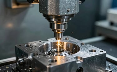 Close-up photography of a high-precision CNC machine tool working on a steel mold in a clean Middle Eastern / Turkish factory setting. Fine metal shavings and subtle golden sparks reflect the metallic gold and steel blue lighting of the facility.