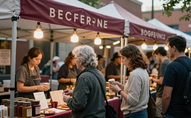 A lively scene of a bustling modern North American / US artisanal market during the day. People are interacting with vendors under warm, inviting lights. The composition is cinematic, showing an authentic and cozy atmosphere with subtle deep ripe crimson branding on stall signs. Natural, vibrant colors.