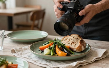 Close-up of a professional food photographer in a cozy North American / US restaurant setting, capturing a beautifully plated dish of organic vegetables and artisanal bread on a crisp parchment colored cloth. Soft natural light, Scandinavian-style interior with matte forest green ceramic plates and rustic textures.