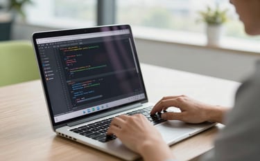 A high-end, bright office environment where a professional software developer is working on a sleek laptop showing clean code structures. The lighting is natural and modern, reflecting a premium corporate atmosphere in a Global English-speaking business district. Soft green accents appear in the background decor.